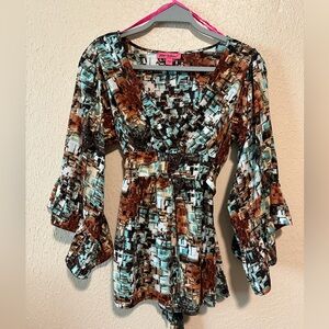 Betsey Johnson Peplum Wrap Splice Geo‎ Ruffle Flare Bell Sleeve Blouse Small